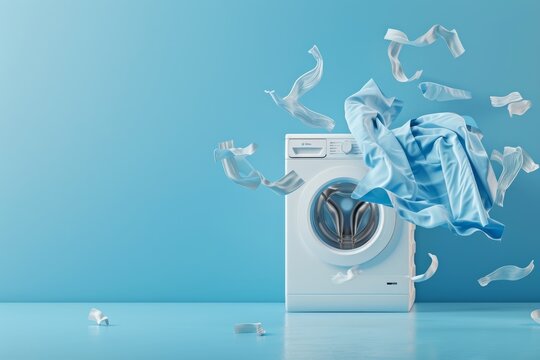 A white washing machine with clothes flying out of it