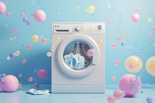 A white washing machine with clothes flying out of it
