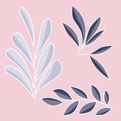 Set of three abstract branches with purple leaves. Botanical elements of unusual colors. Flat vector illustration.