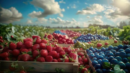 A natural landscape presented product display of Strawberries, raspberries and blueberries in...