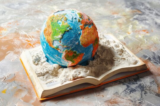 A globe is sitting on top of an open book