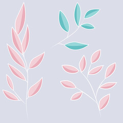 Modern set of branches with blue and pink leaves. Delicate shades. Botanical elements of unusual colors. Flat vector illustration.
