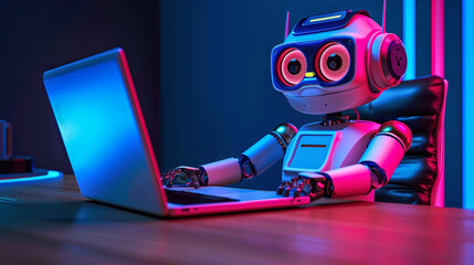 robot with computer on neon background