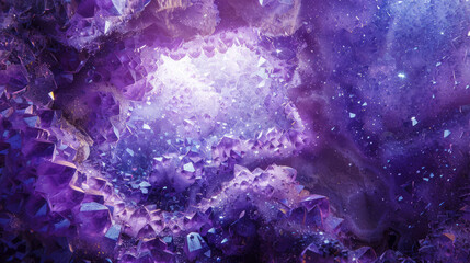 A stunning close-up of radiant purple amethyst crystals against a dark, mysterious cosmic backdrop...