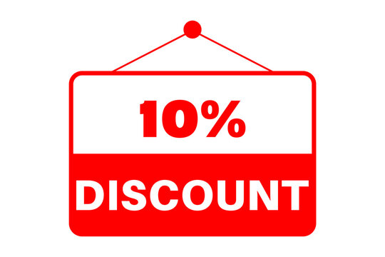 10 % Discount red sign design using bold text. Used as a label or a sticker for concepts like promotions, products on sale, special offers, bargain and lower prices events.