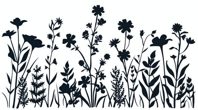 Vector illustration silhouette flowers with leaves. F
