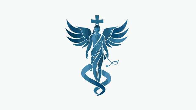 Vector image Asclepius logo in blue shape.  Flat vector