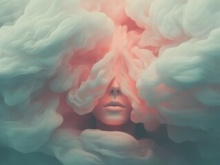 Dreamlike Visage Cradled in Ethereal Clouds - A Surreal Digital Portrait Evoking Contemplation and Imagination - obrazy, fototapety, plakaty