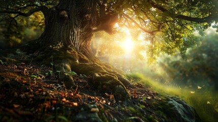 sunlight under the tree in the forest