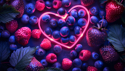 Raspberries and blackberries with a neon heart on a beautiful background.