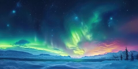 Aurora Borealis. Northern lights and starry skies. Nature. Scandinavian countries. Landscape in winter time. Panoramic landscape