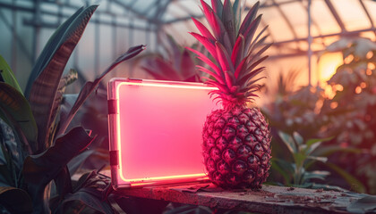 Tropical fruit pineapple on the background of a neon frame for text.