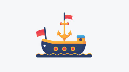 Vector of boat with anchor and flag. Cute ship icon c
