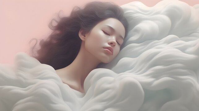 Serene Daydreamer Embraced by Ethereal Cloud-like Surroundings in Tranquil Digital Portrait