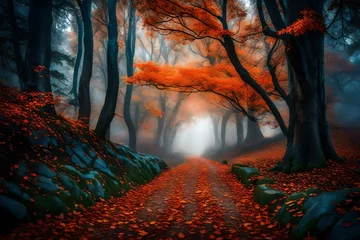 Fototapeten A serene blue mist envelops an enchanting forest path, where orange and red leaves adorn the mystical trees in October. © colorful imagination