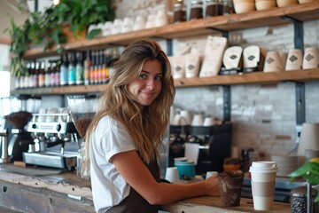 Successful small business owner working in her coffee bar, Generative AI