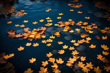 A serene Autumn landscape with bright yellow-orange maple leaves floating gracefully in dark blue...