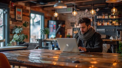 Professional man using a laptop to work from a coworking space, Generative AI