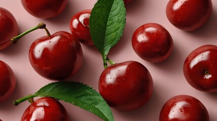 A stunning photographic image of a cherry, captured in extreme close-up, with every detail of its vibrant red skin and juicy flesh on display. The background is a plain pink, providing the perfect con - obrazy, fototapety, plakaty