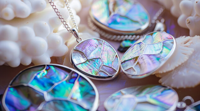 An array of iridescent jewelry pieces with shell textures captures the light and displays captivating colors
