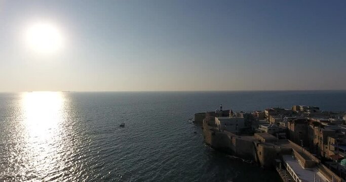 Panoramic Aerial View of Acco, Acre, Akko old city with crusader palace, city walls, arab market, knights hall, crusader tunnels, in Israel. Green Roof Al Jazzar Mosque