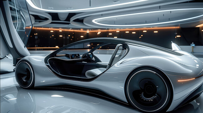 Interior design of a futuristic car, little dark colors, modern minimalism. Generative AI.