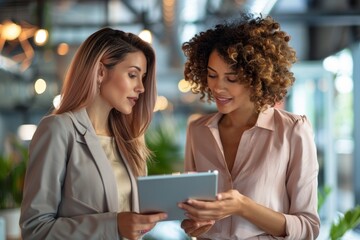 Two business women having a discussion, they're standing in an office and using a tablet, Generative AI