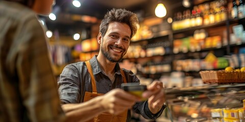 Happy shop owner receiving a contactless credit card payment from a customer, Generative AI