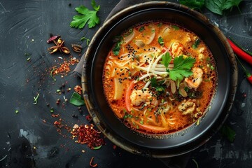 The composition is a complex Tom Yang soup in the style of high fantasy. Culinary fantasies