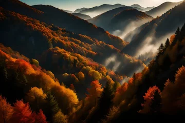 Fotobehang Towering, mist-shrouded mountainsides dotted with autumn colors, creating a serene and breathtaking natural landscape. © colorful imagination
