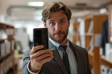 Business man recommending a mobile phone in an office, Generative AI