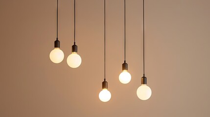 4 hanging LED bulbs hanging on different heights, The bulbs have different sizes ans shapes,...