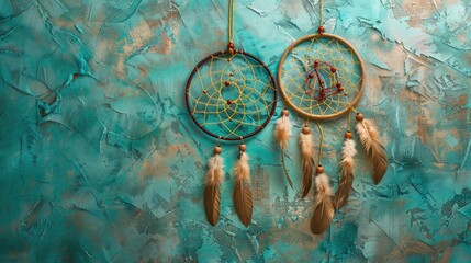blue painted wall Dream catcher and abstract background,Gray blue lace dream catcher close up on aquamarine textured background. Copy space for text.
 - obrazy, fototapety, plakaty