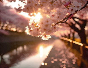 桜,花見,川,春,風景,日本,夕暮れの桜,夕焼けの桜,桜の木,桜並木,cherry blossom,Hanami,river,spring,landscape,Japan,cherry blossom at dusk,cherry blossom at sunset,cherry blossom tree,cherry blossom trees,generative AI