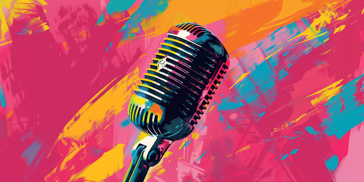 A microphone in a retro design, framed by the bold and vibrant strokes of pop art, echoes the timeless appeal of music.