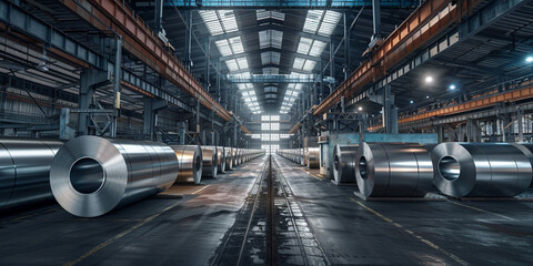 Fototapeta na wymiar In the heart of the warehouse, industrial steel coils gleam, their shiny surfaces reflecting the essence of production.