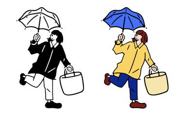 傘をさして歩く女性の線画イラスト