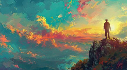 man on the hill watching the sunset on the hills, in the style of simple, colorful illustrations, 8k resolution, free brushwork,  - obrazy, fototapety, plakaty