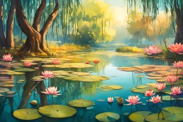 Foto op Canvas A serene riverside scene with willow trees and their branches gracefully touching the water, surrounded by colorful water lilies and lotus flowers. © colorful imagination
