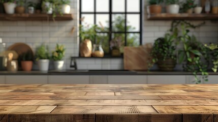 Fototapeta premium Empty wood table top and blurry modern kitchen interior background.