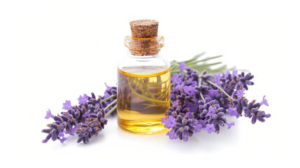 Obraz na płótnie Canvas Bottle of lavender essential oil and fresh flowers on white background.