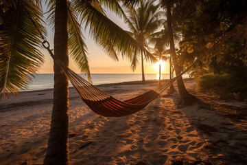 Hammock suspended between palm trees against the backdrop of the sun setting over the sea. Summer holiday concept by the sea