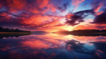 Tranquil lake, ablaze in orange and purple sunset hues. - obrazy, fototapety, plakaty