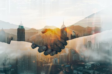 A double exposure of a business handshake symbolizing investment deal success - obrazy, fototapety, plakaty