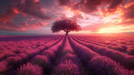 A picturesque lavender flower field scenery unfolds