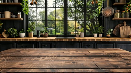 Fototapeta na wymiar Empty wood table top and blurry modern kitchen interior background.