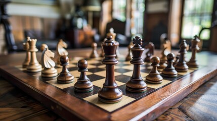 A chessboard placed on the table, pieces strategically positioned to represent a business situation