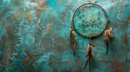 Olive dream catcher on aquamarine textured background. Texture of concrete, Dreamcatcher made of feathers leather beads and ropes in classic blue trendy color, hanging. background - obrazy, fototapety, plakaty