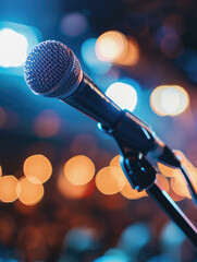 Close up of a microphone on stage during live concert with bokeh background. Concept of karaoke