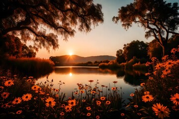 Breathtaking sunset over a peaceful lake, where the sky meets the water, framed by a backdrop of rich foliage and a carpet of wildflowers.